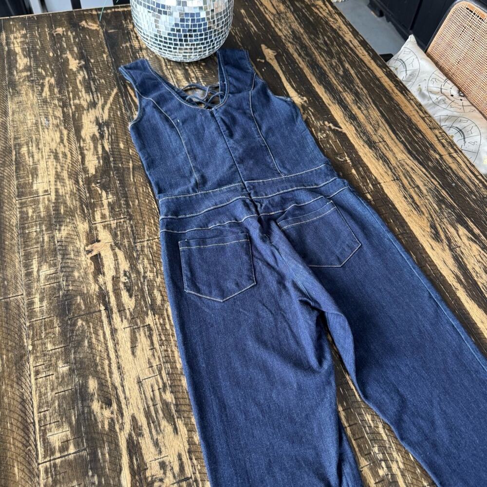 MEBON - Blue Denim Lace-Up Stretch Fitted Jumpsuit - MEDIUM - Picture 10 of 17
